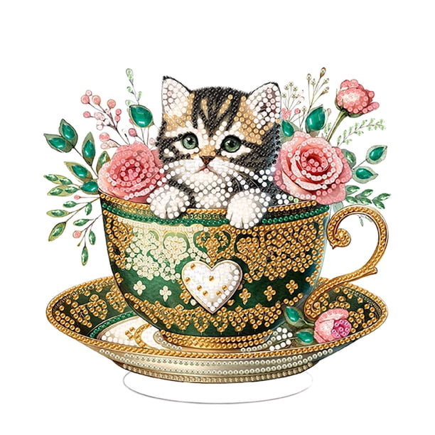Kit de arte de escritorio con forma especial de gato lindo de un solo lado en taza para decoración del hogar