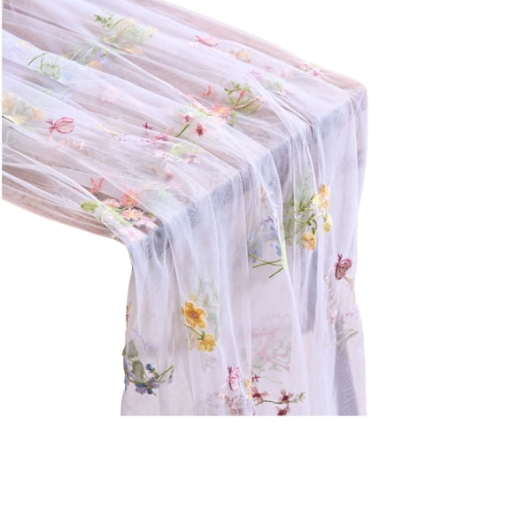 HOARBOEG Floral Embroidery Sheer Voile Table Runner, White Polyester Vintage Lace Flower Dining Table Decor, 27*70in Rectangular Wedding Party Tea Table Dresser Scarf