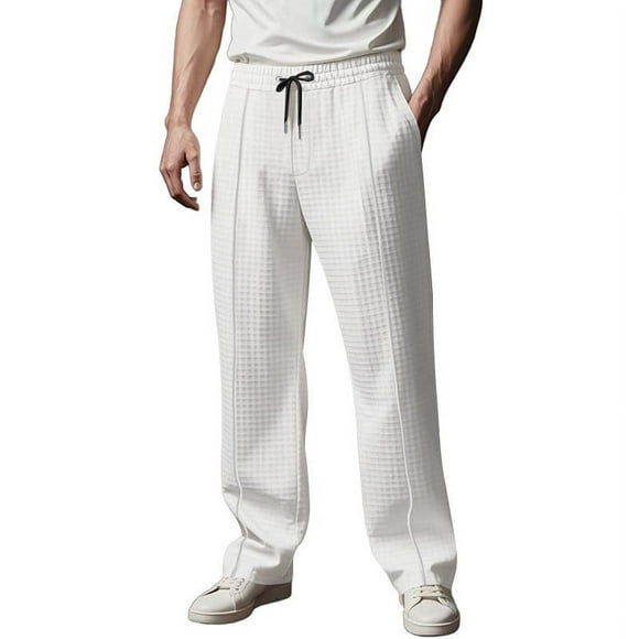 LNWUY Mens Casual Pants Elastic Waist Drawstring Lightweight Solid Summer Loose Beach Straight Leg Pants with Pockets White XL