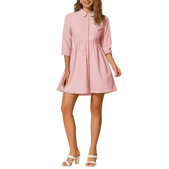 INSPIRE CHIC Women's Shirt Dress 3/4 Sleeve Button Down Mini Dresses S Rose Pink