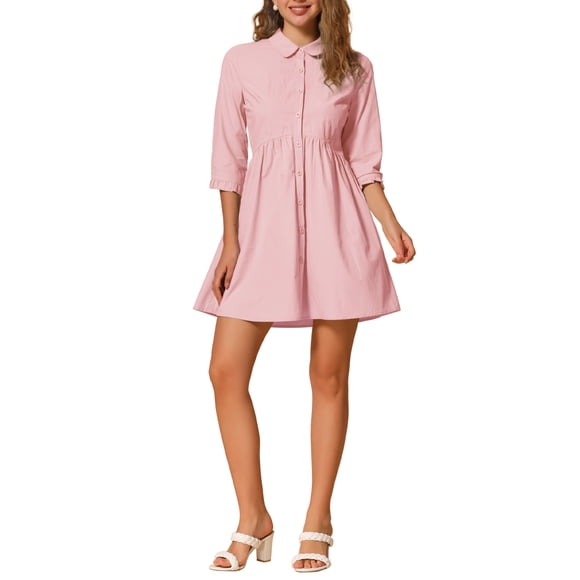 INSPIRE CHIC Women's Shirt Dress 3/4 Sleeve Button Down Mini Dresses Rose Pink XL
