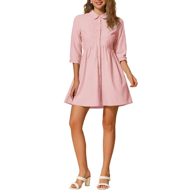 Vestido de camisa para mujer Inspire Chic con mangas 3/4, botones, mini vestido, rosa claro, talla XS