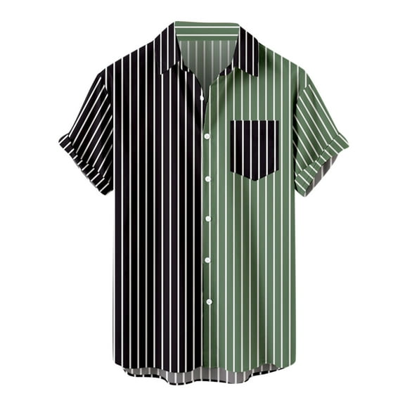 Miluxas Polo Shirts for Men Men Casual Buttons Stripe Print with Pocket Turndown Short Sleeve Shirt Blouse Green 10(XL)