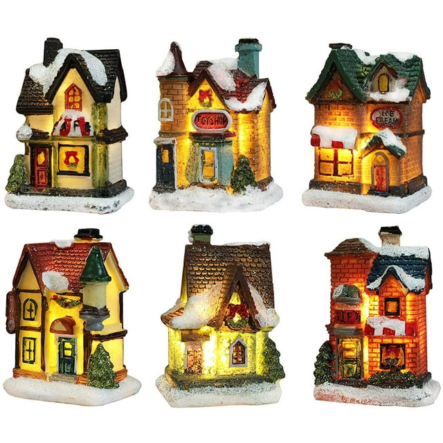 Christmas Village Sets - LED Lighted Christmas Village Houses with Figurines, Christmas Village Collection Indoor Room Decor - Collectible Buildings (6 PCS)