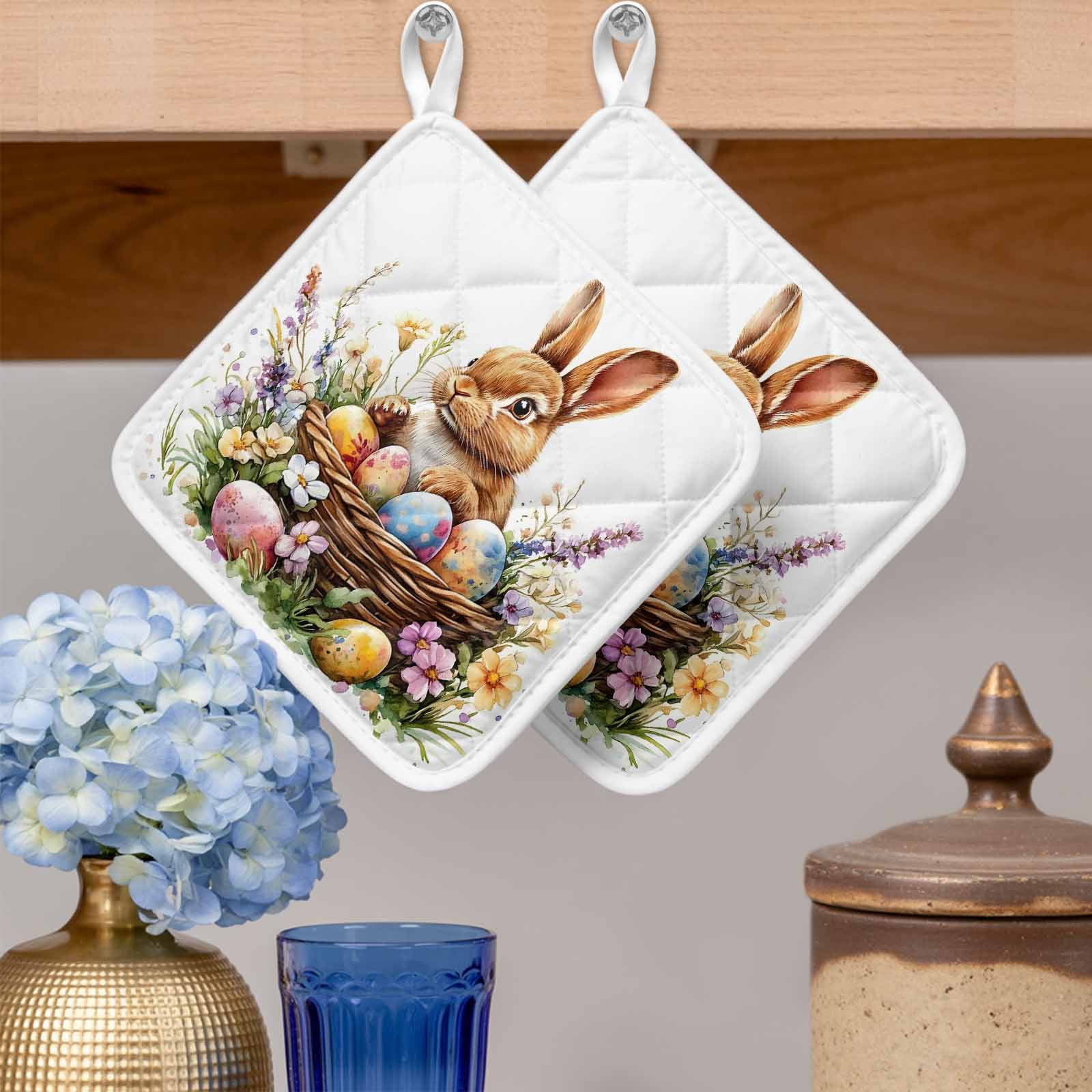Spring Easter Pot Holders for Kitchen Heatproof Potholder, 4 Pack Colorful Eggs Bunny Botanical Floral Hot Pads Multipurpose Oven Pads Cloth Potholders Trivet for Cooking and Baking