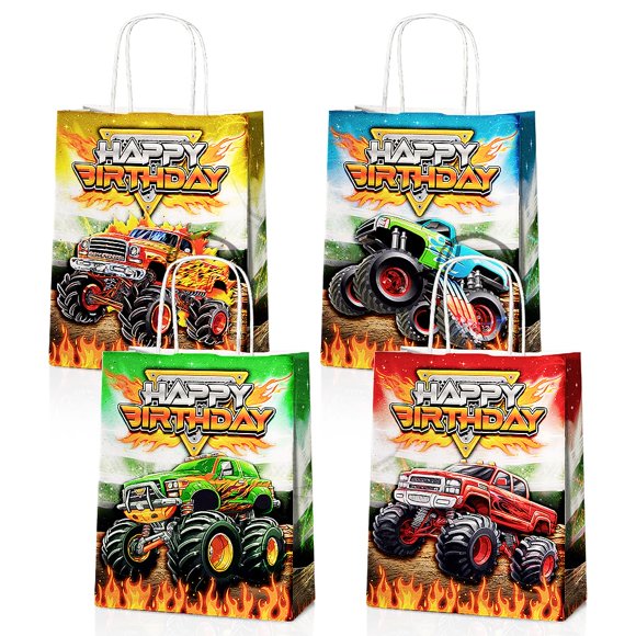 JOYGATHER - 24 bolsas de regalo de fiesta con asas, bolsas de regalo para camiones de carreras Bolsas de caramelo a cuadros para niños, bolsas de papel kraft para decoración de f