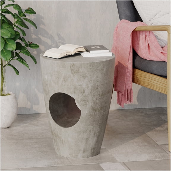 JERFIT 24 inch Round Outdoor Side Table, Lightweight Concrete Gray End Table for Patio, Poolside, Garden, Modern Drum Shape Accent Table with Weather-Resistant Magnesium Oxide