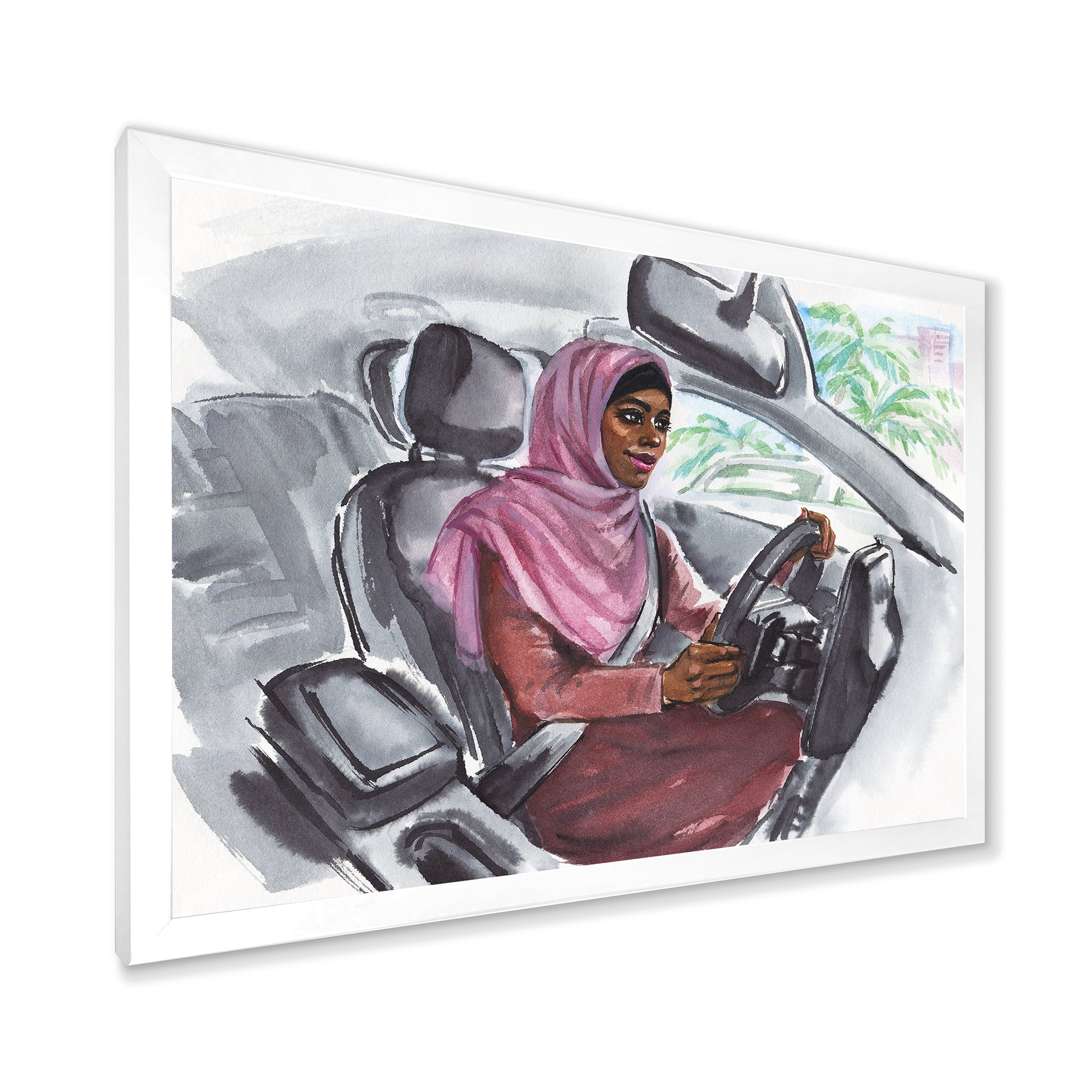 Designart 'Arabian Lady Driving A Car III' Modern Framed Art Print