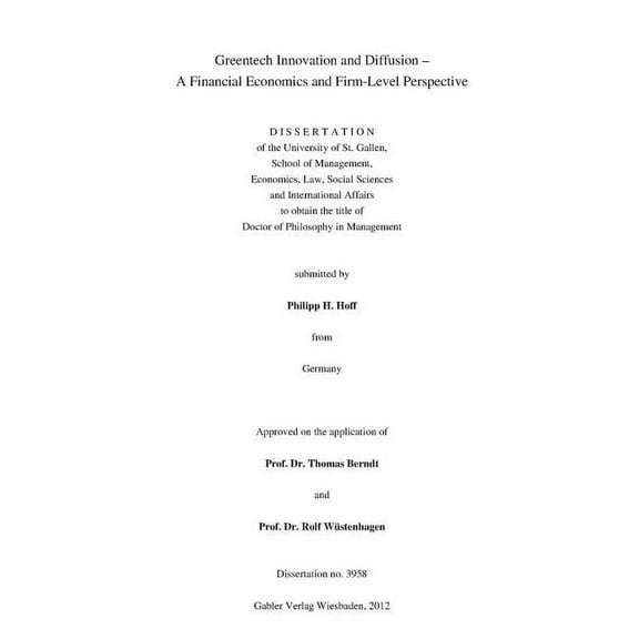 Schriften Zum Europäischen Management Greentech Innovation and Diffusion: A Financial Economics and Firm-Level Perspective, (Paperback)