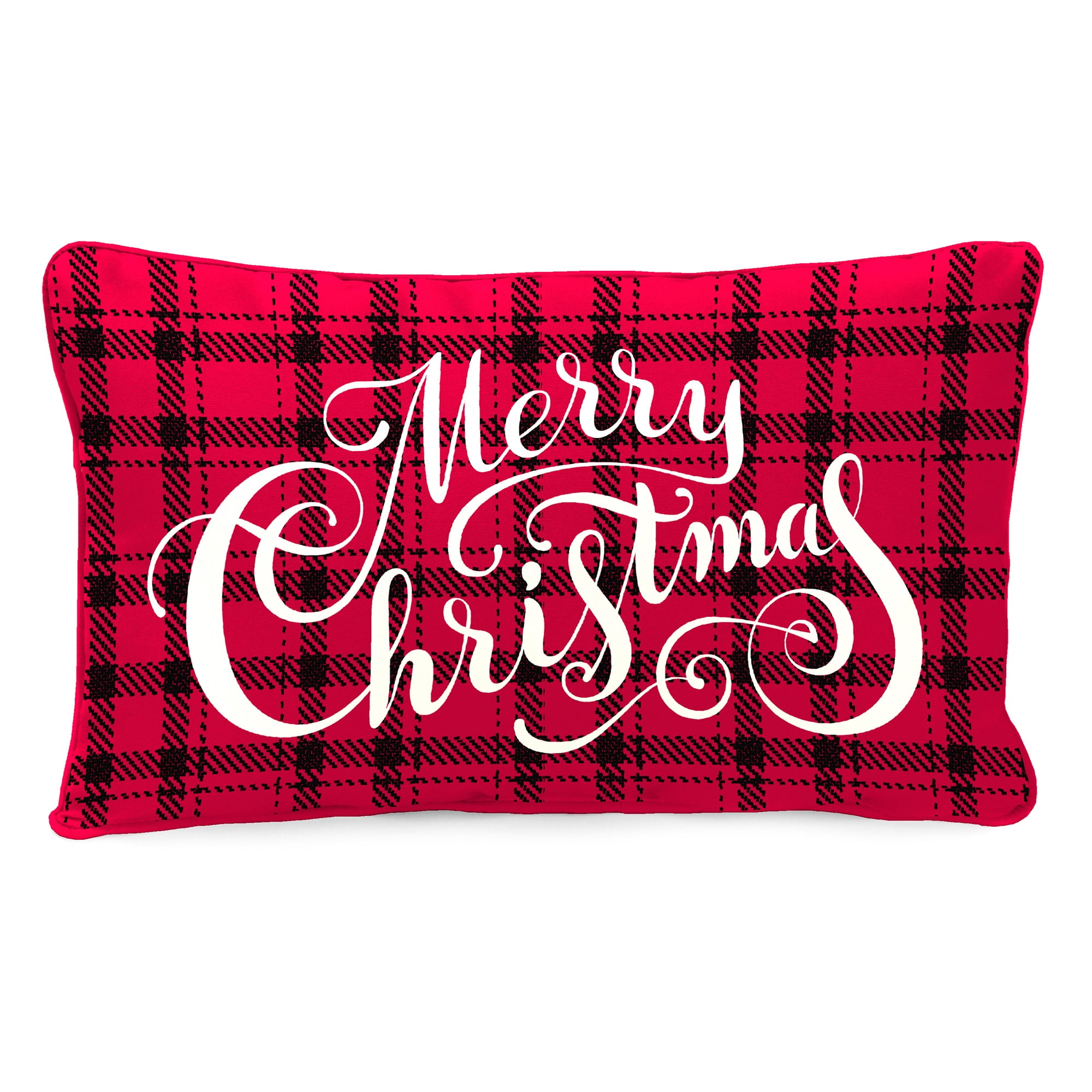 Jordan Manufacturing 12" x 16" Merry Christmas Red Novelty and Plaid Reversible Rectangular Outdoor Lumbar Throw Pillow with Welt (2 Pack)