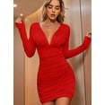 thumbnail image 4 of Women'S Long Sleeve V Neck Ruched Bodycon Mini Party Cocktail Dress Red S, 4 of 8
