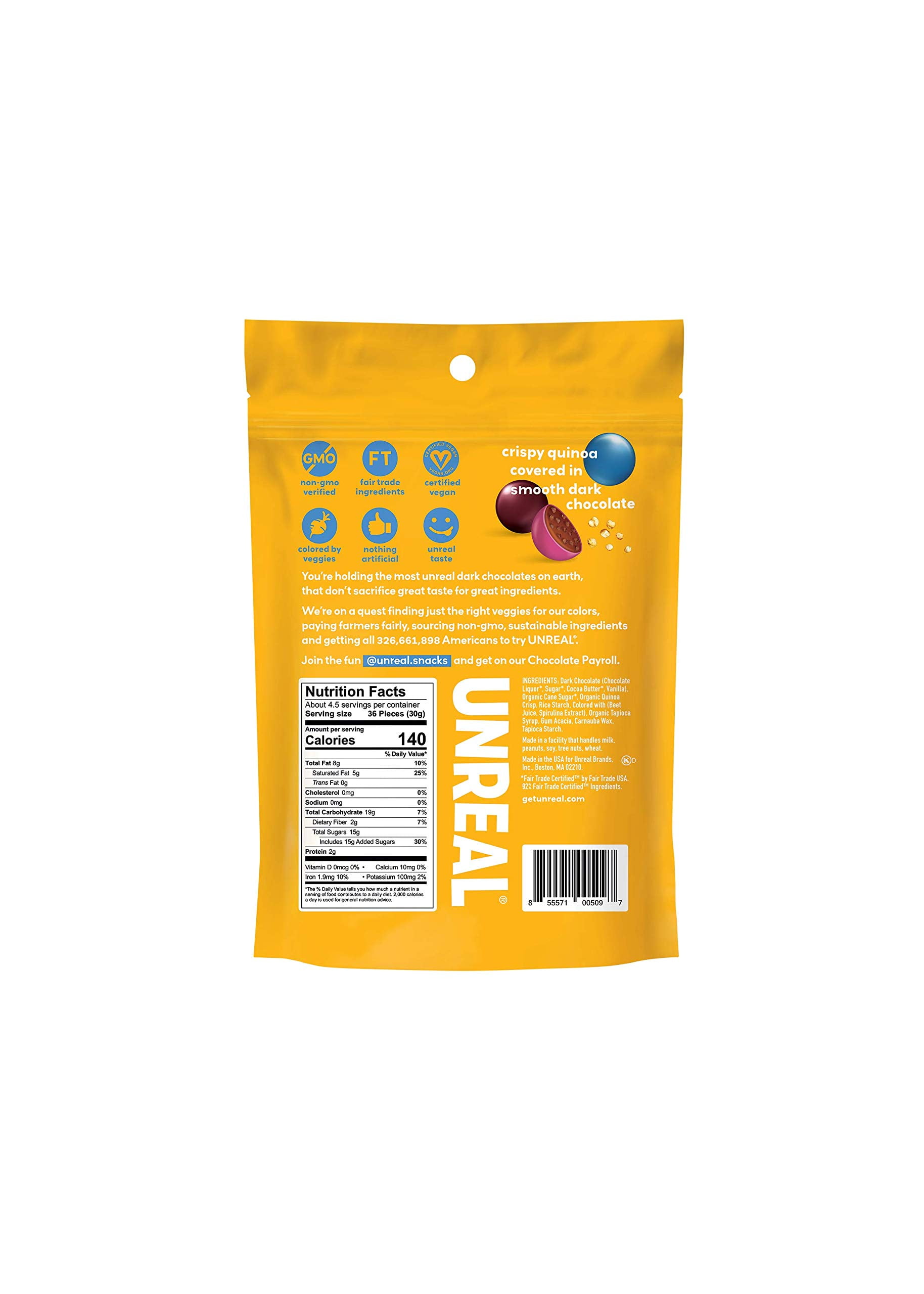 Unreal Dark Chocolate with Crispy Quinoa, Zero Sugar Alcohols, Non-GMO, 5 Oz (Pack of 6)