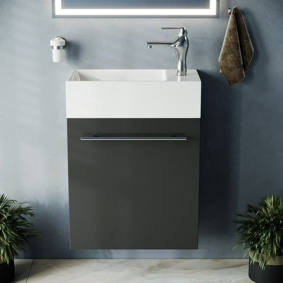 Dandi Wall Mount Cabinet Vanity Sink Combo 17 3/4" Small Heavy Duty White Porcelain Bathroom Sink, Black Cabinet, Faucet, Drain w/Overflow and Towel Bar Renovators Supply