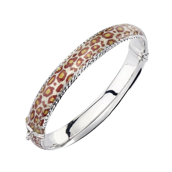 Sterling Silver and Enamel Bangle Bracelet with Hinge with Leopard Print and Diamond Cut Designs