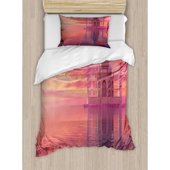Travel Duvet Cover Set Twin Size, Romantic Display of the Famous Taj Mahal Monument with a Tangerine and Pink Tone Sky, Decorative 2 Piece Bedding Set with 1 Pillow Sham, Multicolor, by Ambesonne