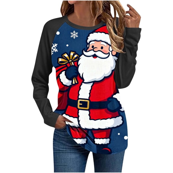 Womens Christmas Shirts Funny Christmas Holiday Blouse Long Sleeve Black Raglan Tee with Santa Claus Print and Round Neck My Items