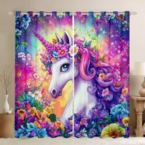 Homewish Chic Unicorn Curtains Pack of 2 (42x84 Each),Magic Cartoon Animal Curtains Blackout,Multicolor Flower Floral Bedroom Curtains For Princess,Breathable Home Decor
