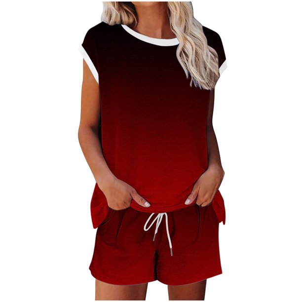 Conjunto de Pantalones de Cuello Redondo Y Cordón de Manga Corta Impresa para Mujeres Conjunto de Poliéster, Desgaste Casual sin Posicionamiento para Mujeres