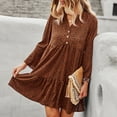 thumbnail image 3 of Vestido estampado con cuello en V para mujer, vestido suelto informal elegante con botones de manga larga acampanada para citas en fiestas en la playa, marrón L, 3 of 6