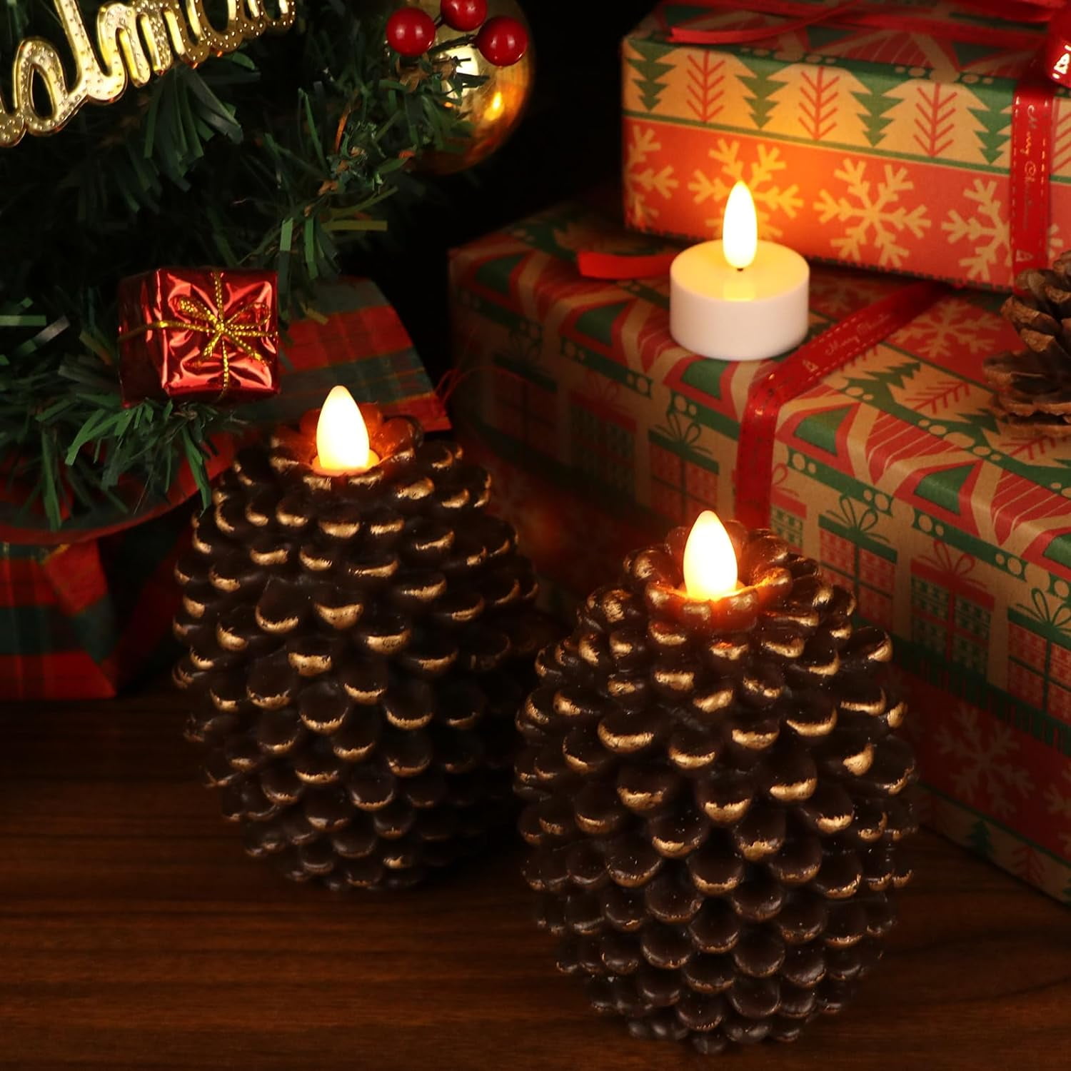 2 Pack Pine Shape Flameless Candles with Timer, Battery Operated Flickering Wick Pine Cone Candles for Holiday Indoor Christmas Decoration, Brown with Gold