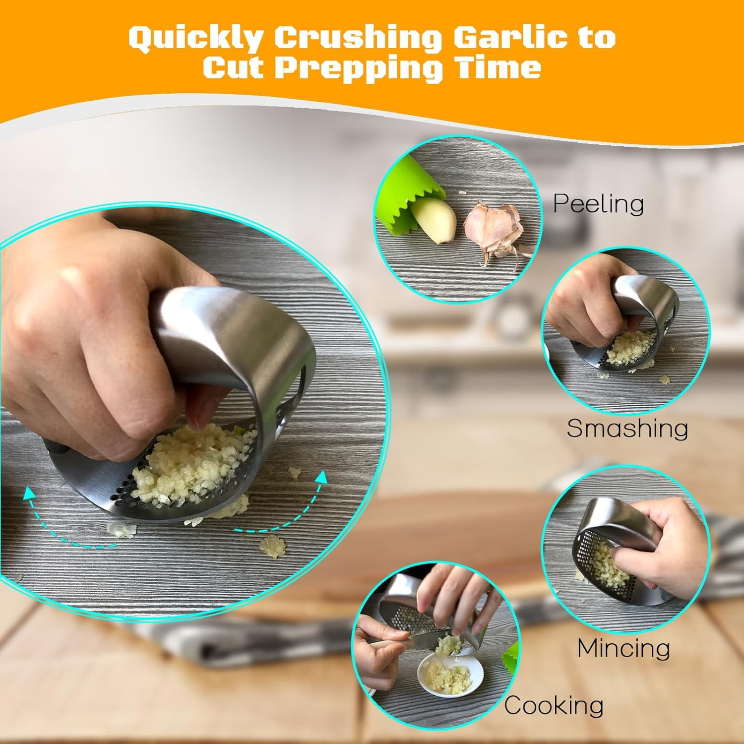 Garlic Press Rocker Heavy Duty Stainless Steel Mincer Crusher Chopper with Peeler And Scraper for Smash Built-in Bottle Opener