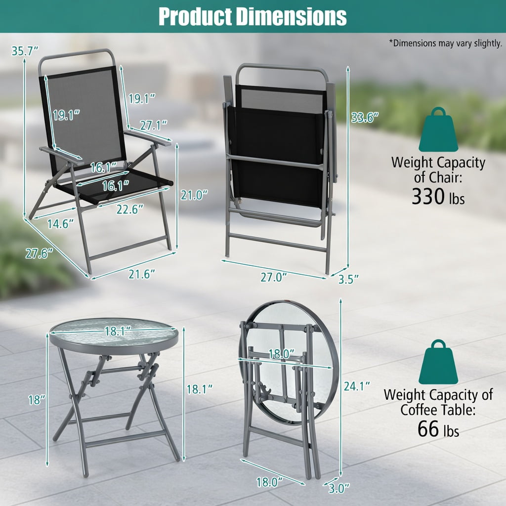 Hommoo 3-Piece Folding Outdoor Patio Chair Set with Tempered Glass Coffee Table, Metal Conversation Set for Backyard, Poolside & Balcony, Black
