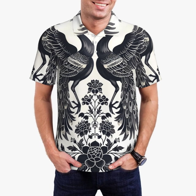 Balery Artistic Black White Peacocks Camisa Polo de Hombre con Estampado, de Manga Corta y Tejido Medio, Camisa Tipo Golf Polo-Large