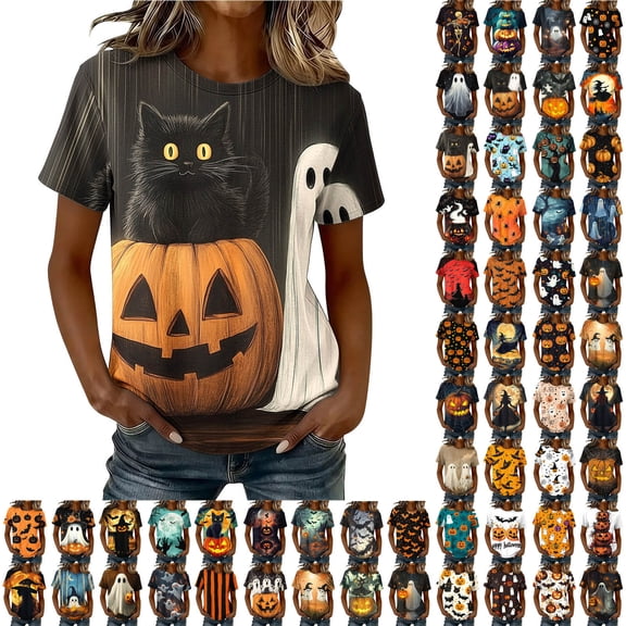 jobturf Womens Halloween Shirt Plus Size Trendy Short Sleeve Graphic T Shirts Witch Pumpkin Ghost Printed Basic Tees Crew Neck Festival Top XXL