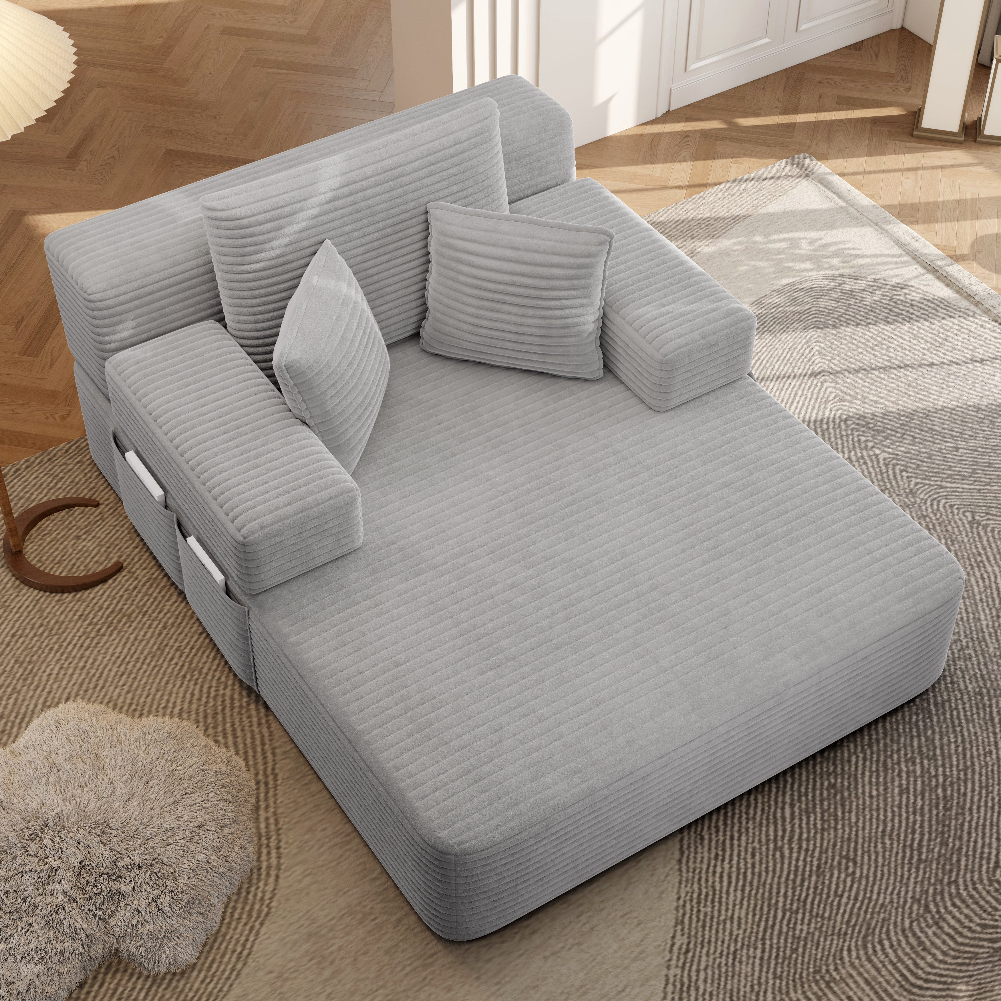 Anpport 60.2" Plush Corduroy Chaise Lounge, Frameless Convertible Sleeper Sofa Bed with Storage Pockets, 3 Soft Pillows, No Assembly, Light Grey