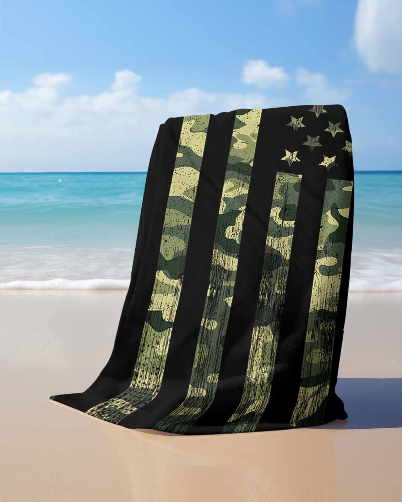 Green Camouflage American Flag Beach Towels Oversized Super Absorbent, Wooden Grain Lightweight Bath Towel Quick Dry Sets For Bathroom/Pool/Rv Camping/Beach Play/Gym Room/Picnic 35"x70"