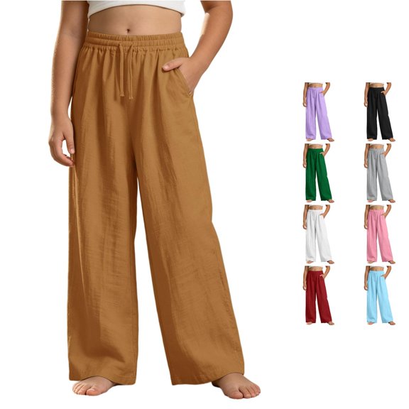 Ticikt Girls Solid Wide Leg Pants, Drawstring Elastic Waist Casual Loose Fit Long Trousers with Side Pockets for Kids,Brown