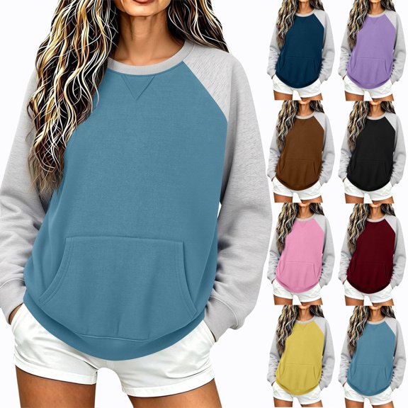 Smsaxvxz Color Block Sweatshirts for Women Crew Neck Long Sleeve Shirts Fashion Pullover Tops Fall Outfits Light Blue 2XL