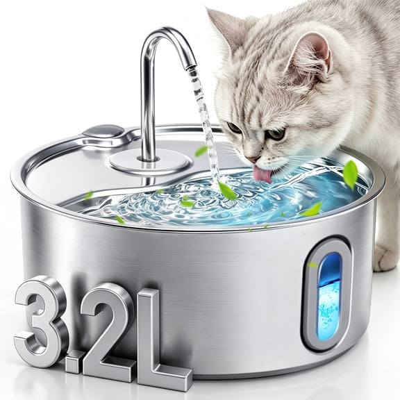108oz/3.2L Cat Water Fountain, Stainless Steel Cat Water Fountain for Indoor Cats, Ultra-Quiet Automatic Pet Fountain Dog Water Dispenser Bowl