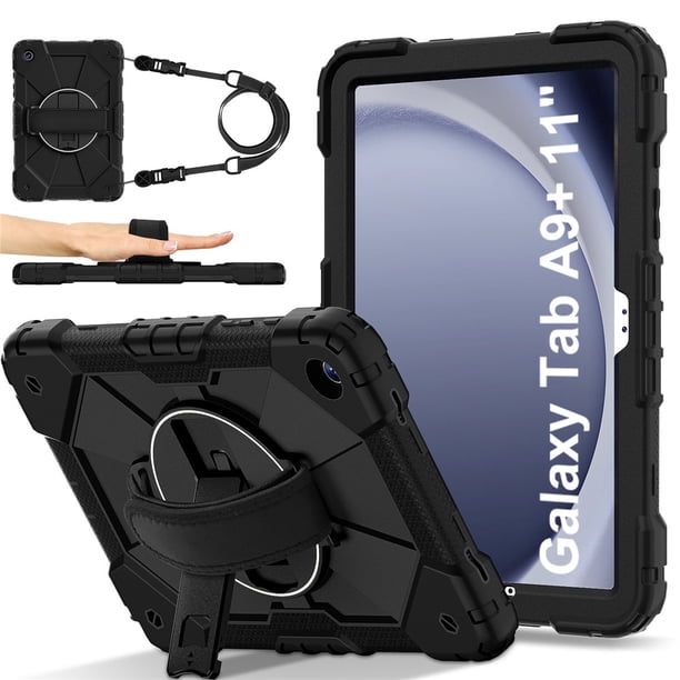 Funda Resistente a Golpes para Samsung Galaxy Tab A9+, Silicona Anti-caída + Funda Protectora de Capa de PC con Asa Giratoria de 360°, Soporte, Correa para el Hombro, Negro, para Galaxy Tab A9+