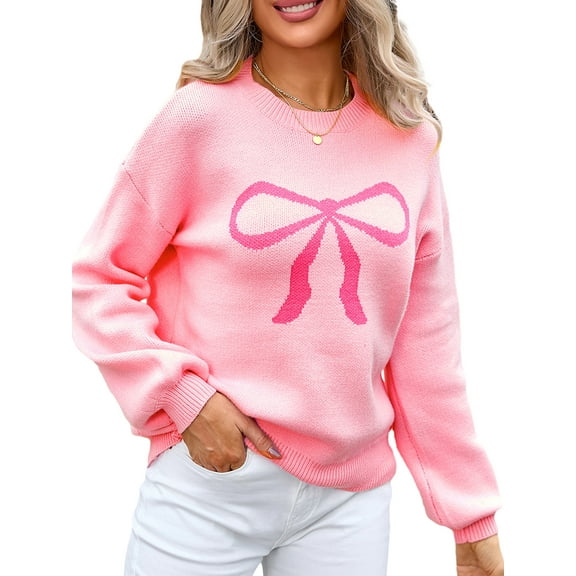 Rdhnmea Women Cute Bow Sweater Long Sleeve Bow Front Knitted Pullover Oversized Jumper Ribbed Knitwear Y2k Going Out Tops