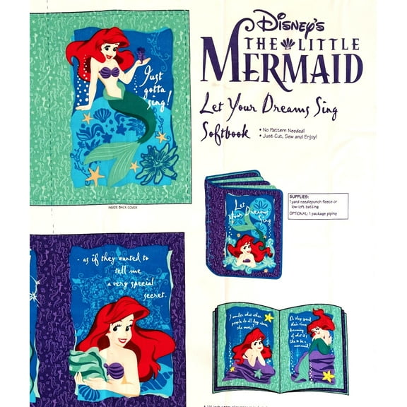 1 Panel - Disney Little Mermaid Soft Book Cotton Panel - Ariel Flounder & Sebastian (Great for Craft Projects, Quilting, Sewing & More) 36” X 44” Wide