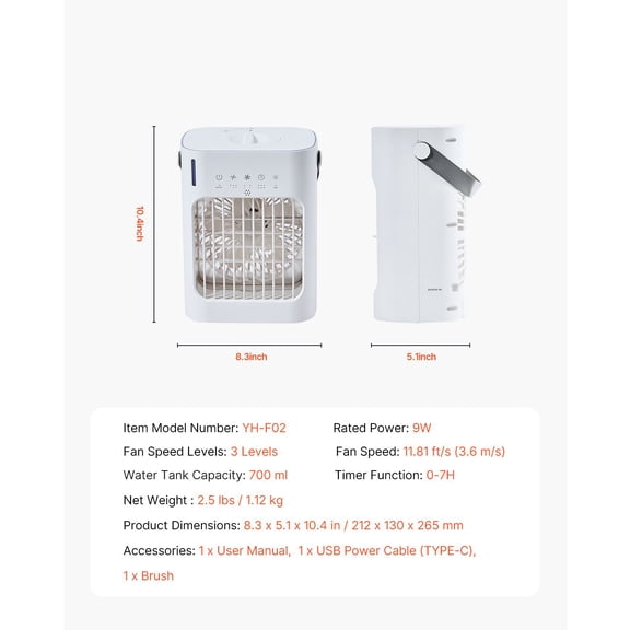 Portable Air Conditioner 4-in-1 Evaporative Air Cooler 3-Speed Mini AC with 0-7H Smart Timer 700ml Water Tank 7-Color Light Personal Desk Fan for Bedroom Office