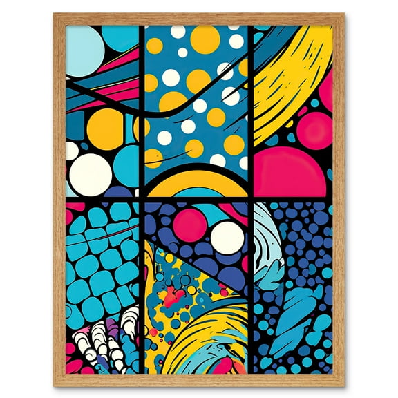 Abstract Bubbles and Geometric Patterns Comic Book Style Red Blue Yellow White Pop Art Halftone Art Print Framed Poster Wall Decor 12x16 inch