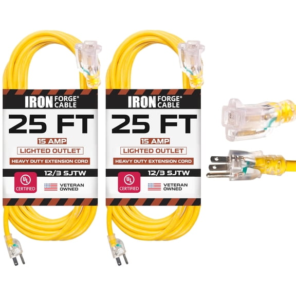 Iron Forge Cable 2 Pack 25 Foot Lighted Outdoor Extension Cord with 3 Outlets - 12/3 SJTW Heavy Duty Yellow Extension Cable 3 Prong - Multiple Outlets