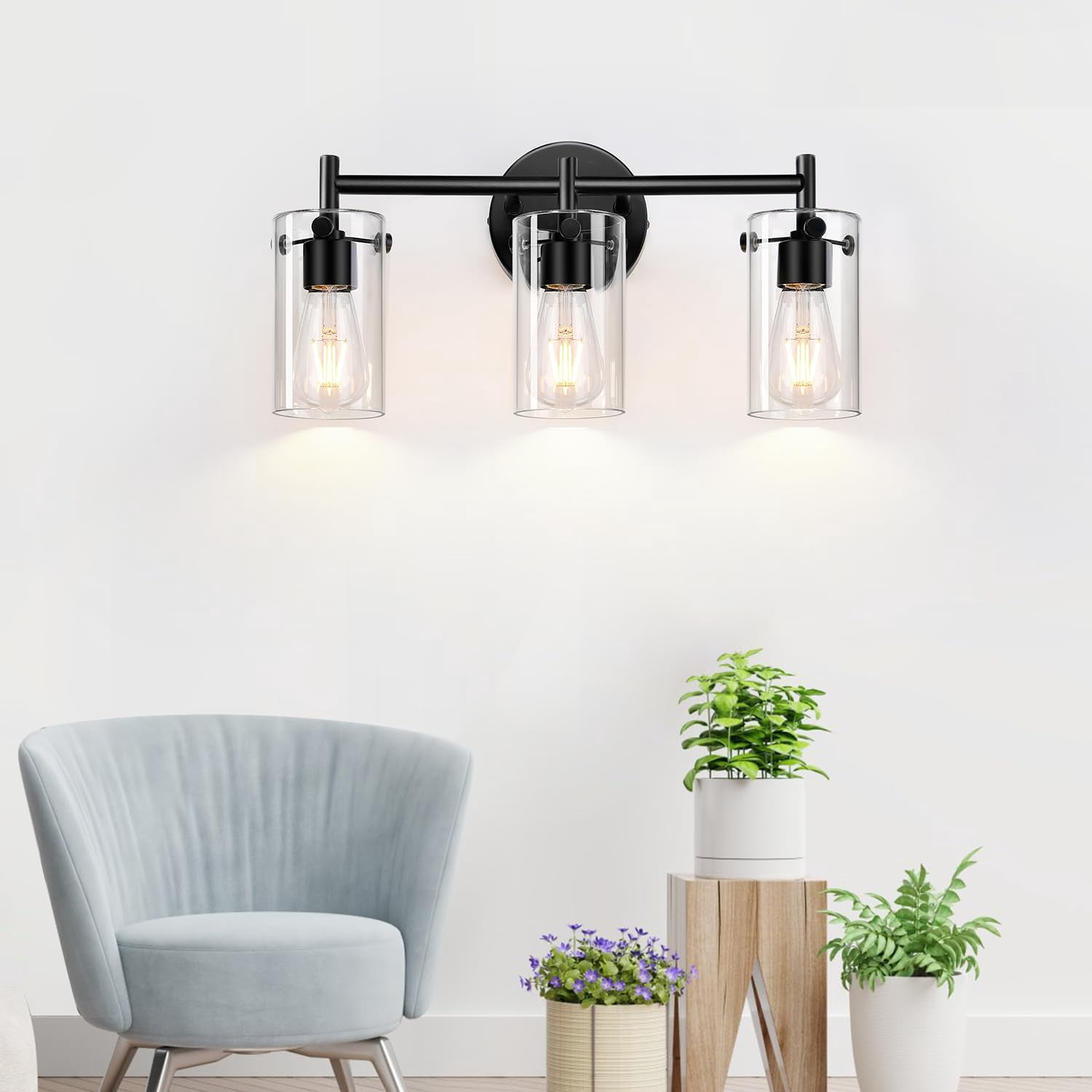 Binsuca Bathroom Light Fixtures, 3-Light Matte Black Bathroom Vanity Light, Black Bathroom Lights Over Mirror with Clear Glass Shade, Bathroom Wall Sconces for Mirror Bedroom Living Room Hallway
