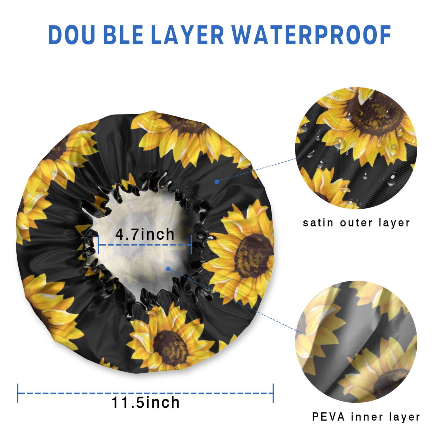 Shower Caps,Black Yellow Sunflower Pattern Waterproof Shower Cap for Women 4 Pieces,Double Reusable Hair Cover for Shower PEVA Elastic Stretch Hem