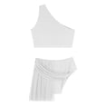 thumbnail image 4 of TiaoBug Women Lyrical Contemporary Dance Outfit One Shoulder Shiny Crop Top Flowy Tulle Skirt White M, 4 of 5