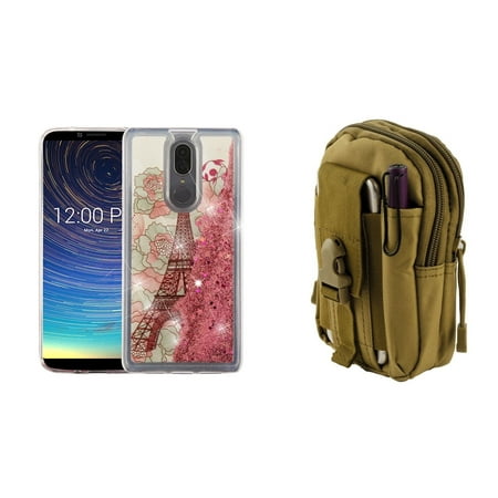 Bemz Quicksand Series Compatible with Coolpad Legacy (2019) Case Bundle: Liquid Glitter Sparkle Hybrid Protector Cover (Rose Eiffel Tower), Tactical MOLLE Organizer Travel Pouch (Khaki) and Atom