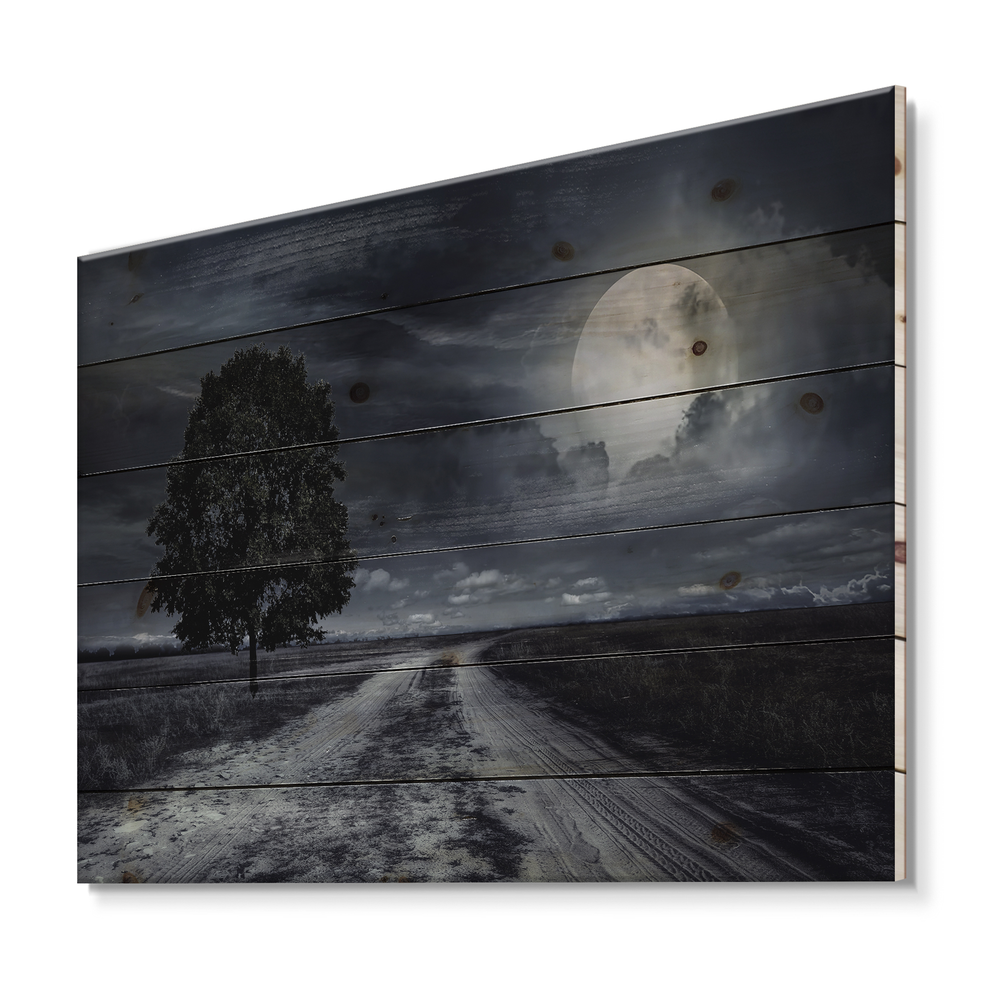 Designart 'A Full Moon Over Paved Road' Nautical & Coastal Print on Natural Pine Wood