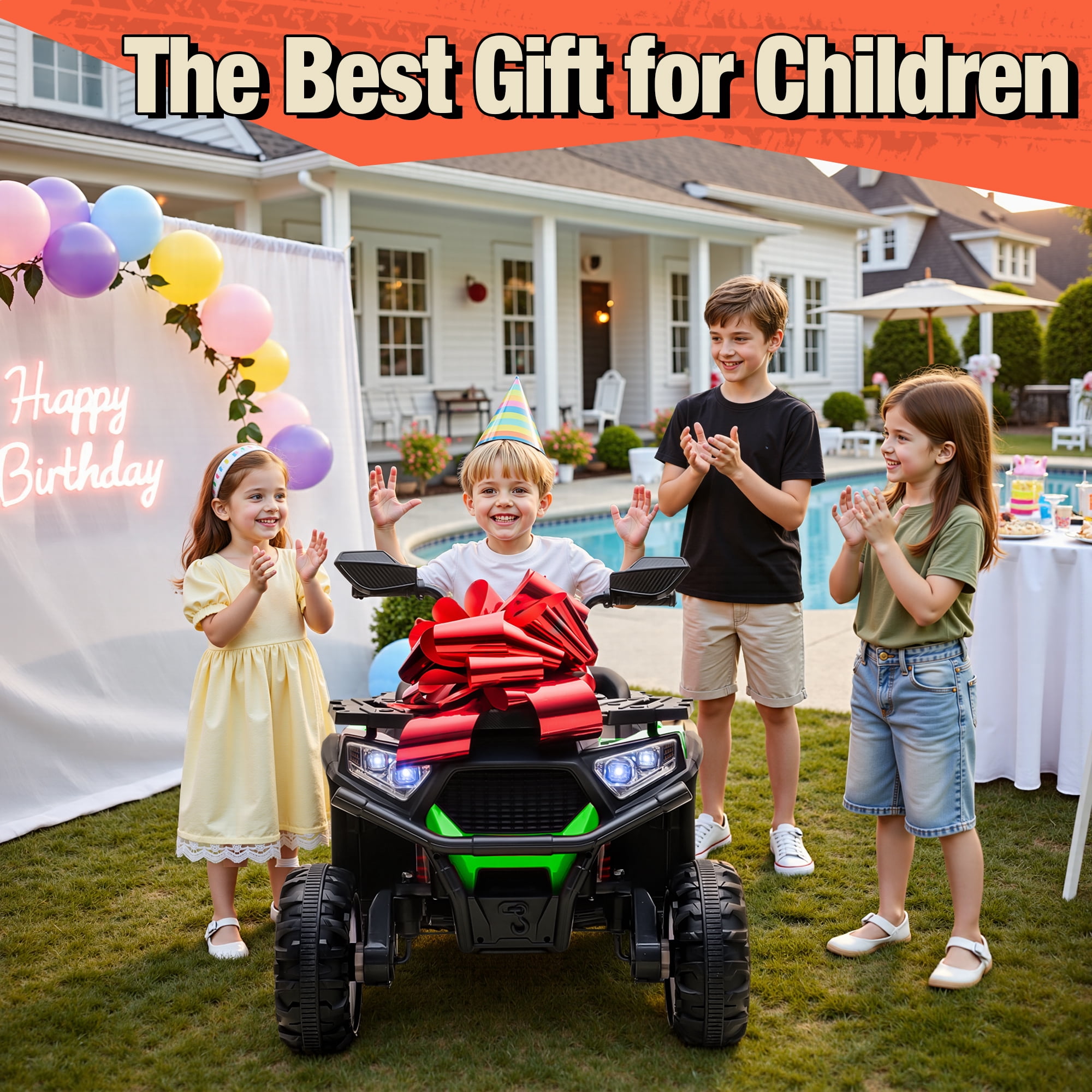 Joyracer 24V 4x4 Kids ATV Electric 4-Wheeler with Leather 2-Seater, 24 Volt Ride on Toys for Big Kids w/ Kneepads, 4x200W Motors, Bluetooth Music, Green