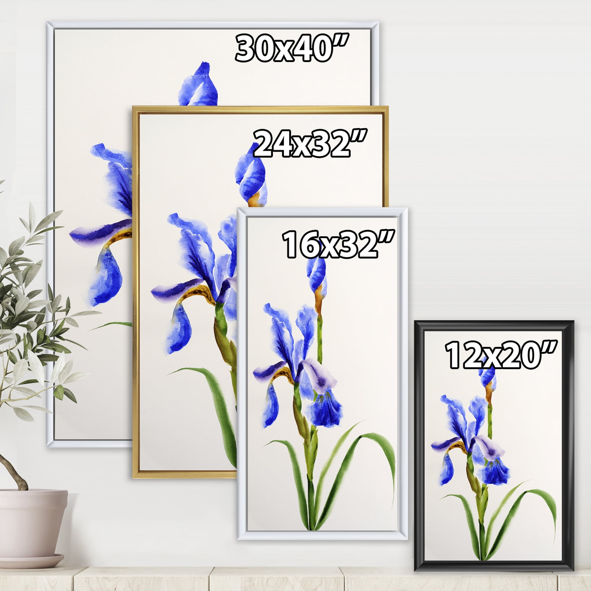Designart 'Blue Iris Flower Retro Style' Traditional Framed Canvas Wall Art Print