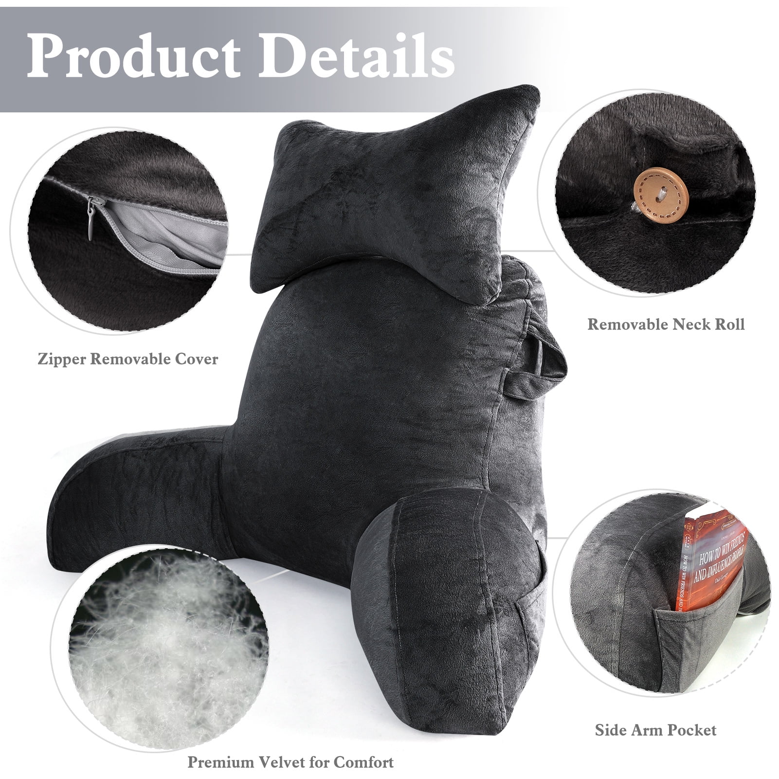 BEIPEGIN Reading Pillow, 23" Backrest Pillow with Arms and Pocket, Bed Rest Pillow with Detachable Neck Roll, Watching TV Bed Rest Reading Gaming Pillow for Adult Kids, Dark Grey