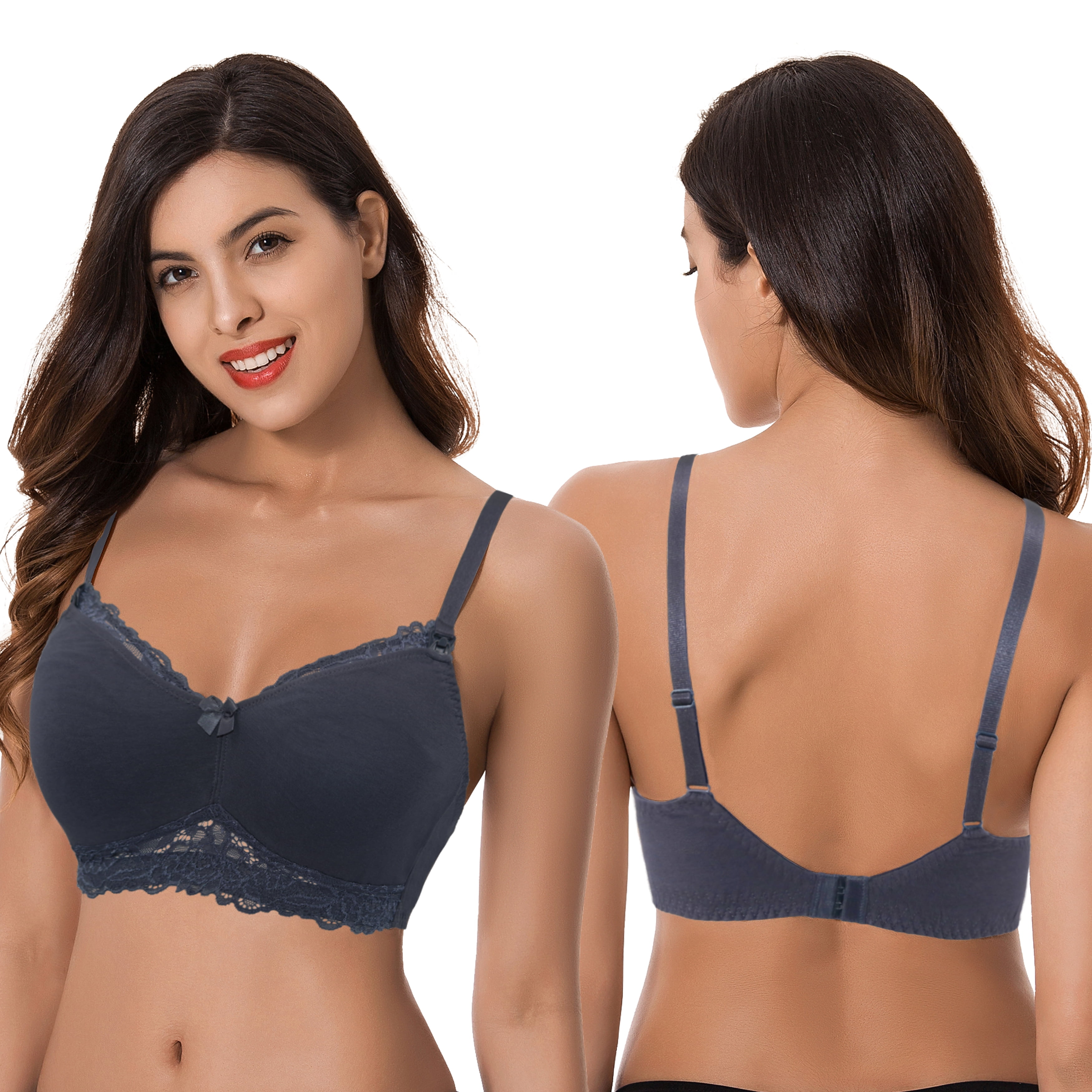 Curve Muse Plus Size Nursing Cotton Unlined Wirefree Bra With Lace Trim-2 PK-LIGHT PINK,SLATE-46DD