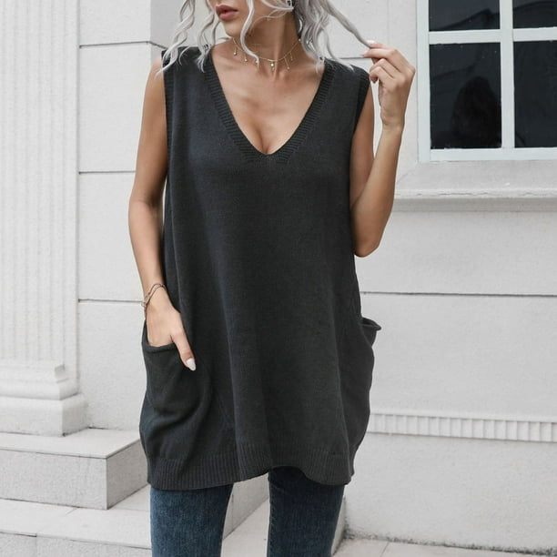TopLLC Fall Sweater Women's Pockets Swing V-neck Mid-length Vest