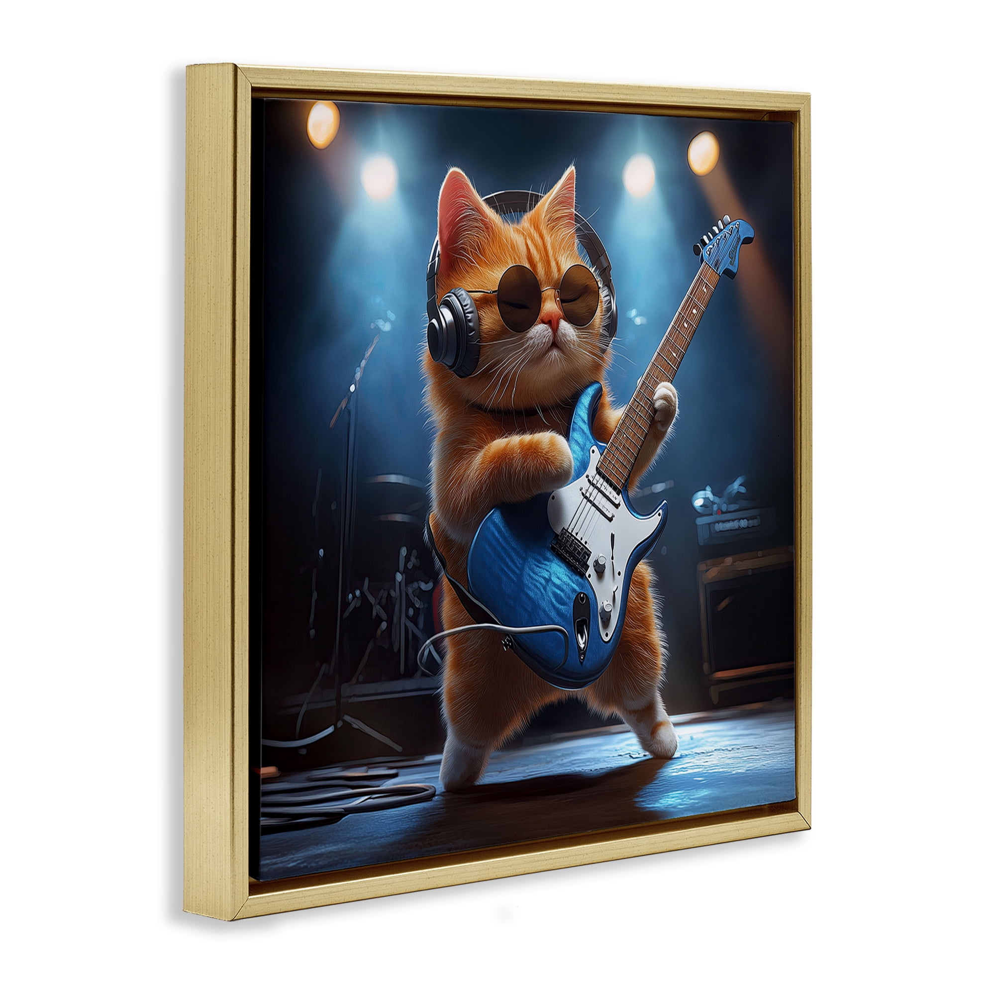Cat Guitarist in Band Gold Framed Floater Canvas Wall Art, design by Jim Baldwin